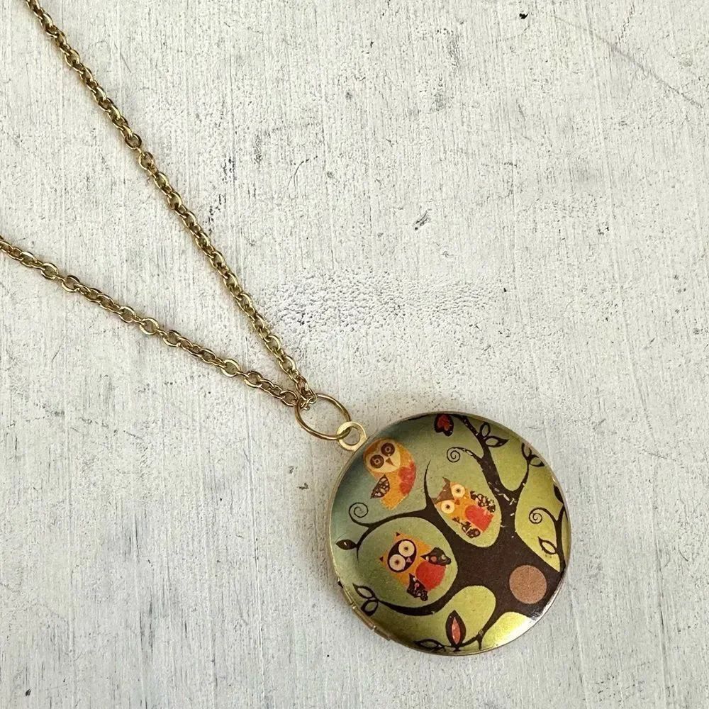 Gold tone owl locket necklace